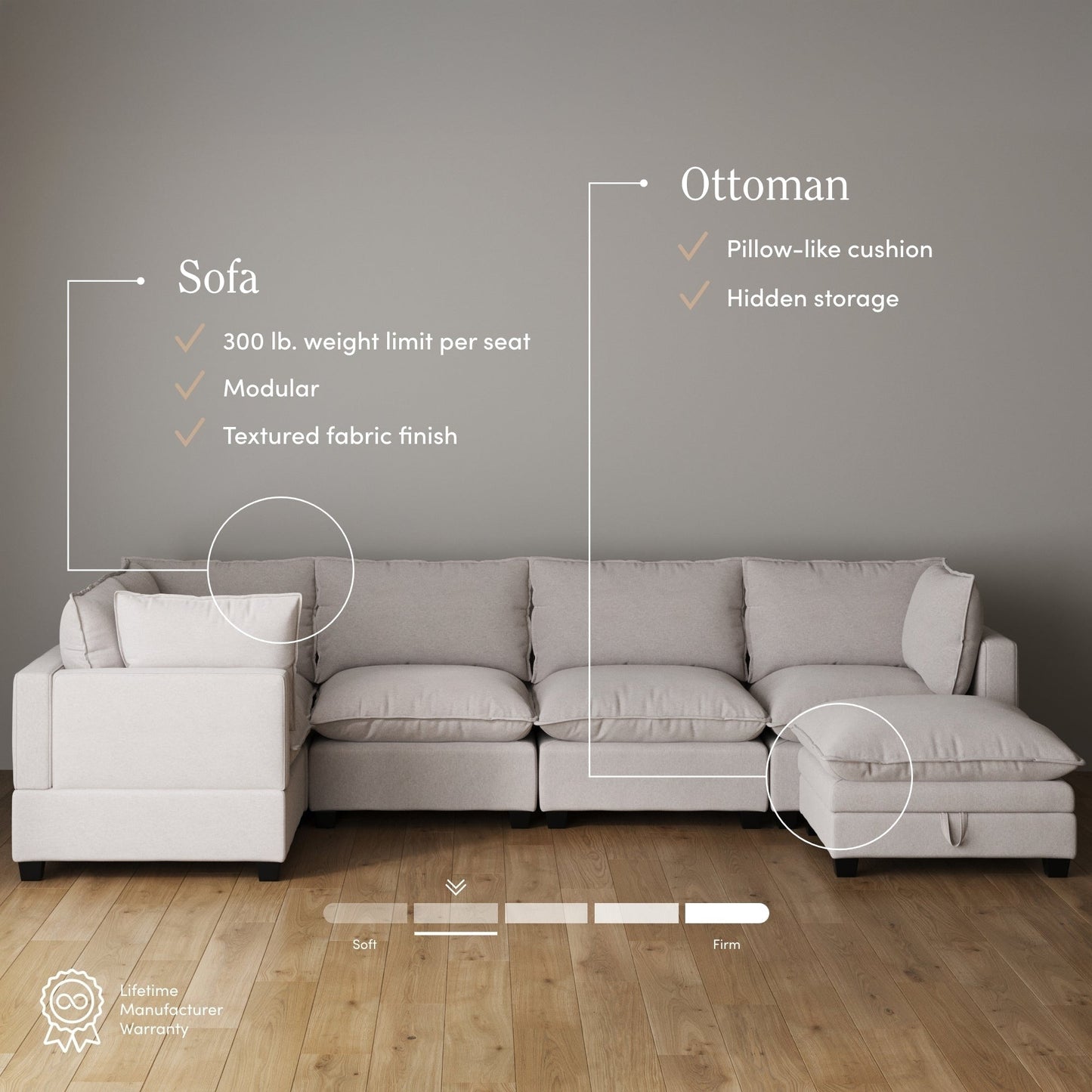 Chelsea Modern Cloud Modular Upholstered Sofa with Deep Seat and Plush Cushions