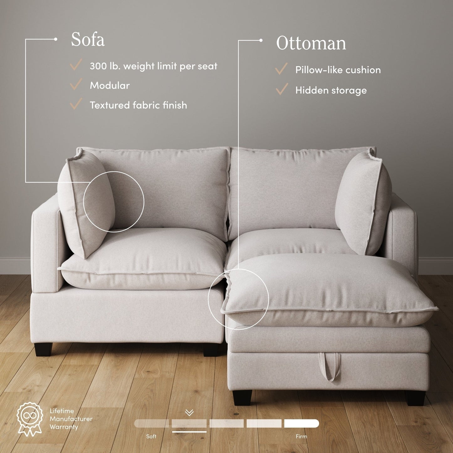 Chelsea Modern Cloud Modular Upholstered Sofa with Deep Seat and Plush Cushions