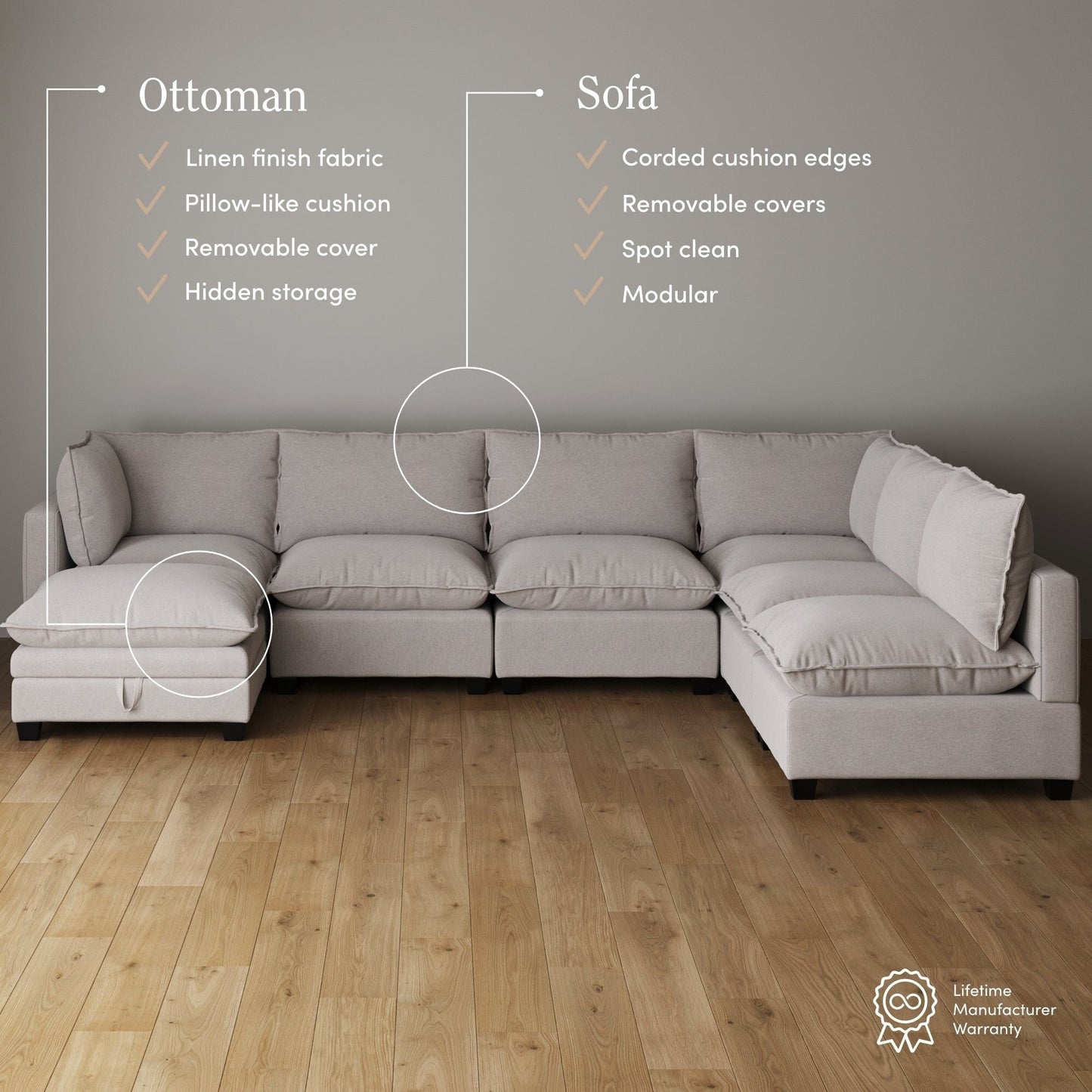 Chelsea Modern Cloud Modular Upholstered Sofa with Deep Seat and Plush Cushions