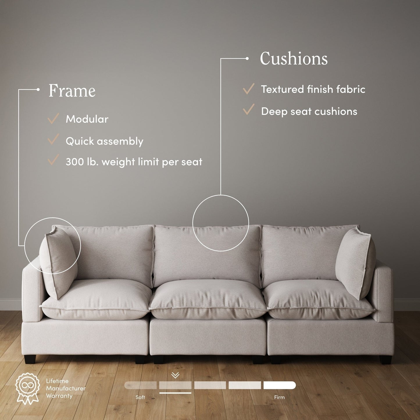 Chelsea Modern Cloud Modular Upholstered Sofa with Deep Seat and Plush Cushions