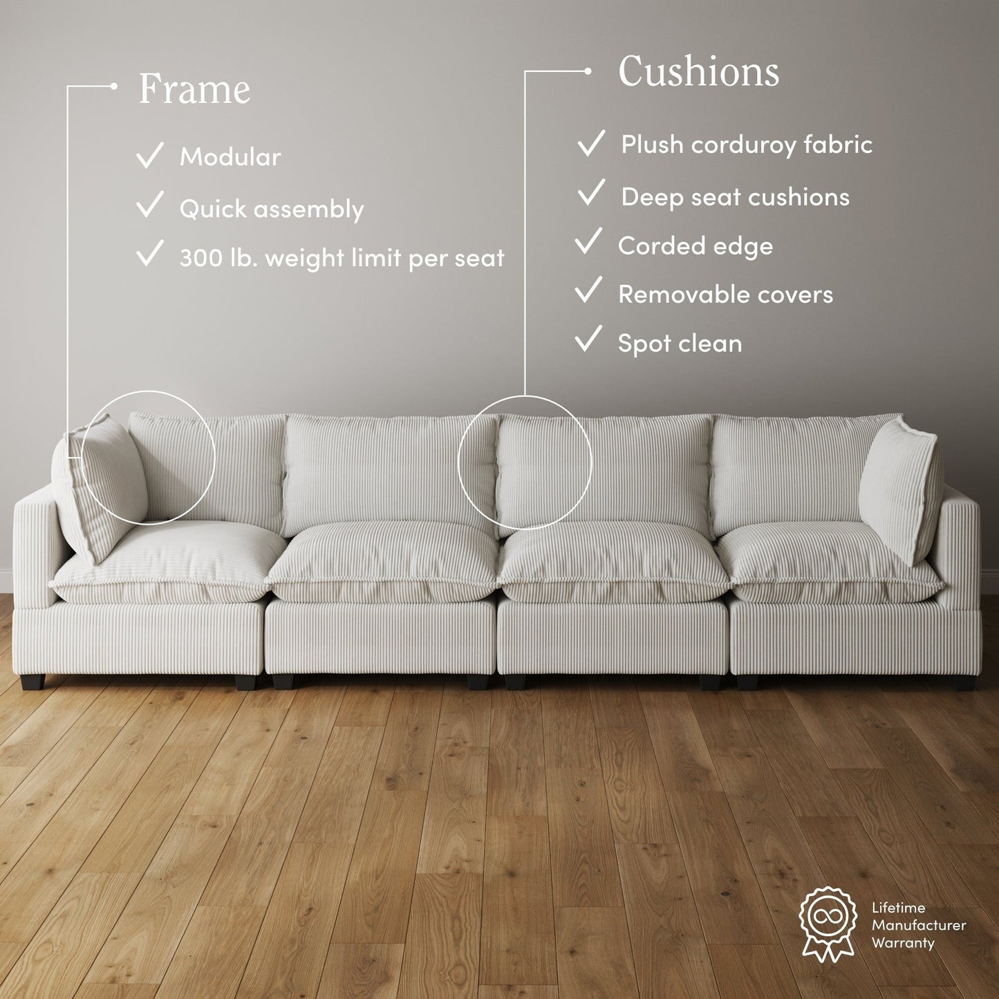 Chelsea Modern Cloud Modular Upholstered Sofa with Deep Seat and Plush Cushions