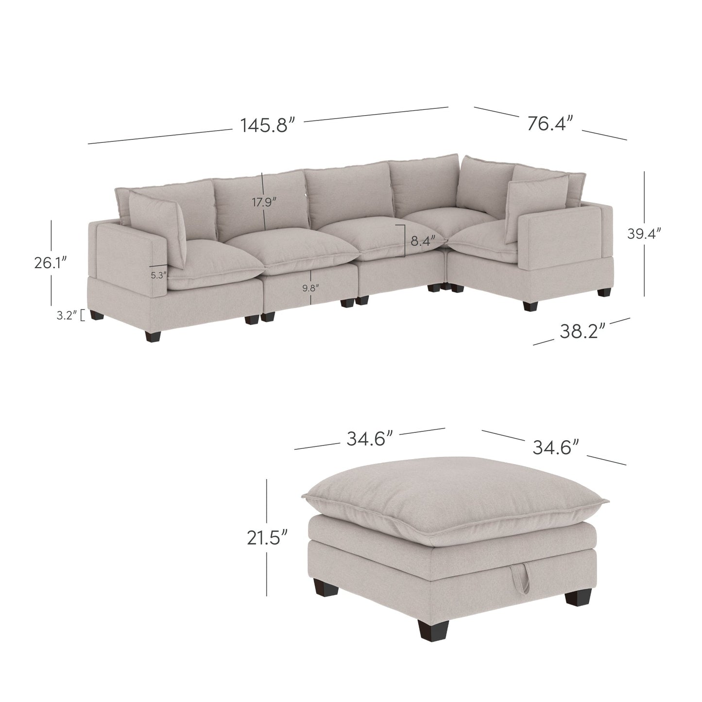 Chelsea Modern Cloud Modular Upholstered Sofa with Deep Seat and Plush Cushions