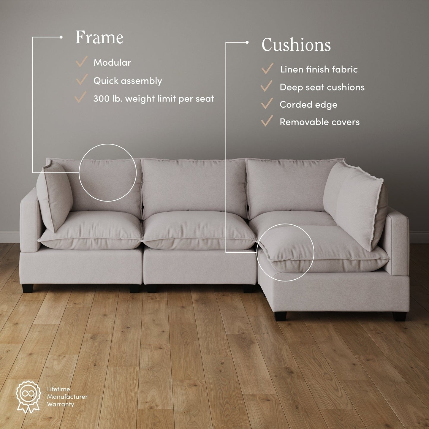 Chelsea Modern Cloud Modular Upholstered Sofa with Deep Seat and Plush Cushions