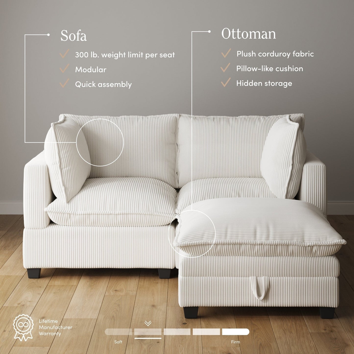Chelsea Modern Cloud Modular Upholstered Sofa with Deep Seat and Plush Cushions