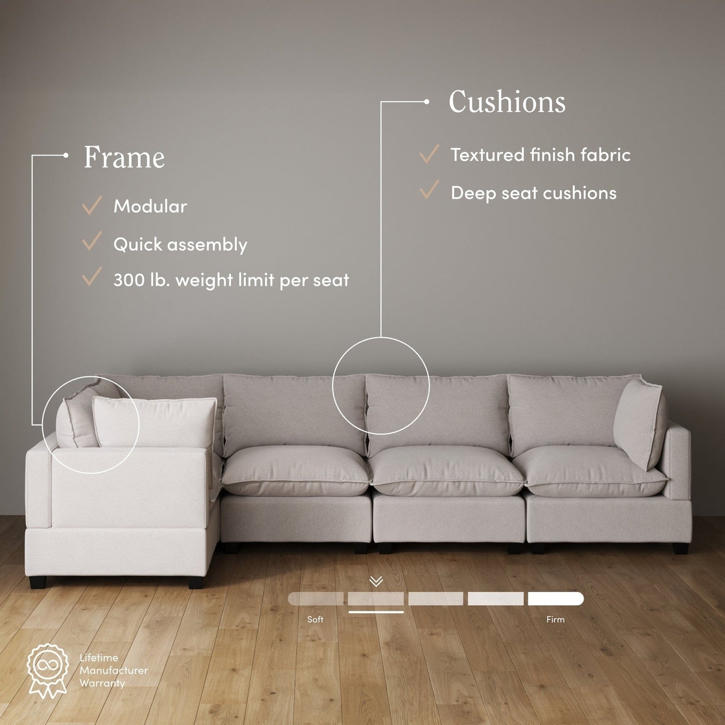 Chelsea Modern Cloud Modular Upholstered Sofa with Deep Seat and Plush Cushions