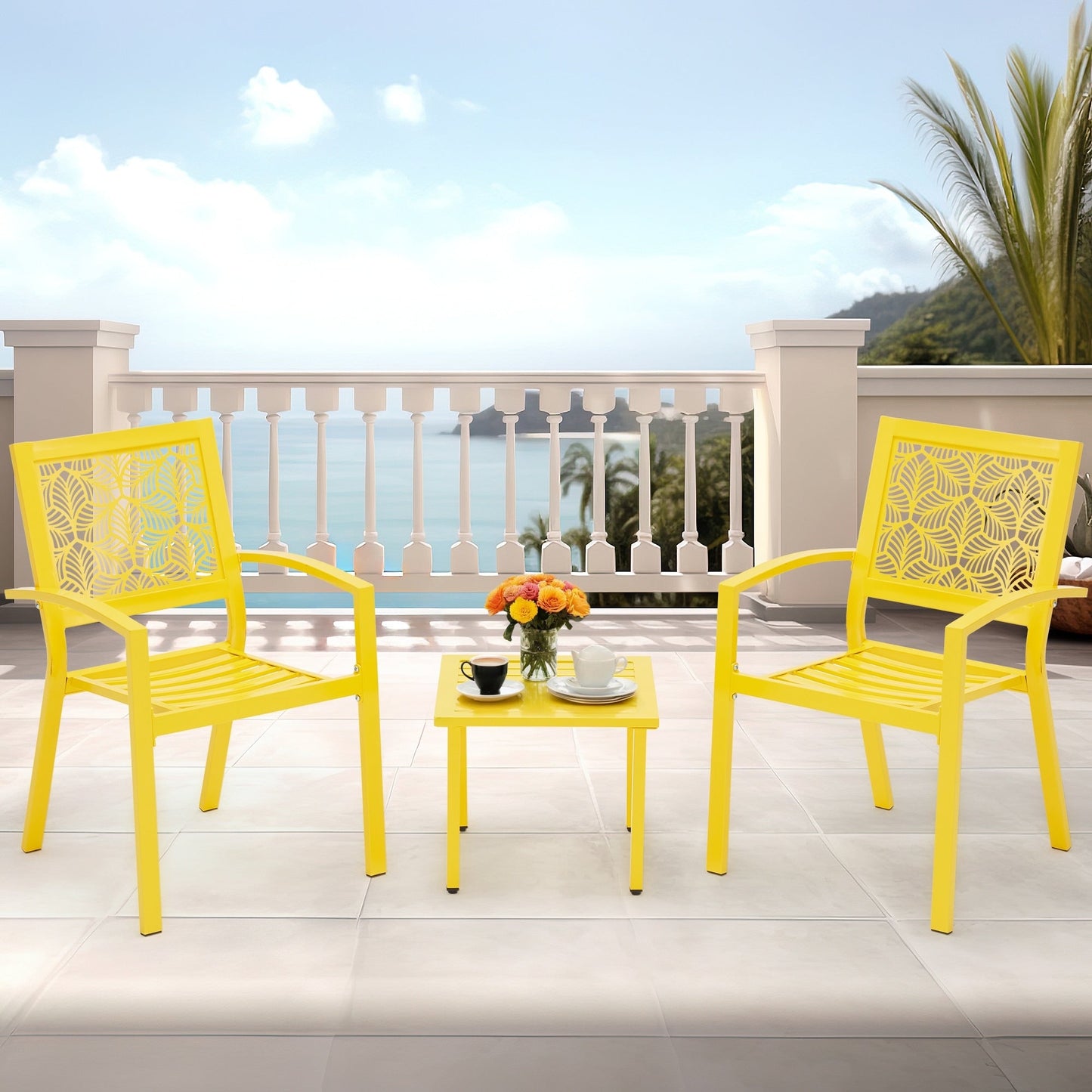 Outdoor Patio Set, Weatherproof Iron Bistro Table & Chairs, Floral Back Design, Space-Saving（Green/ Blue/ Yellow/ Black）