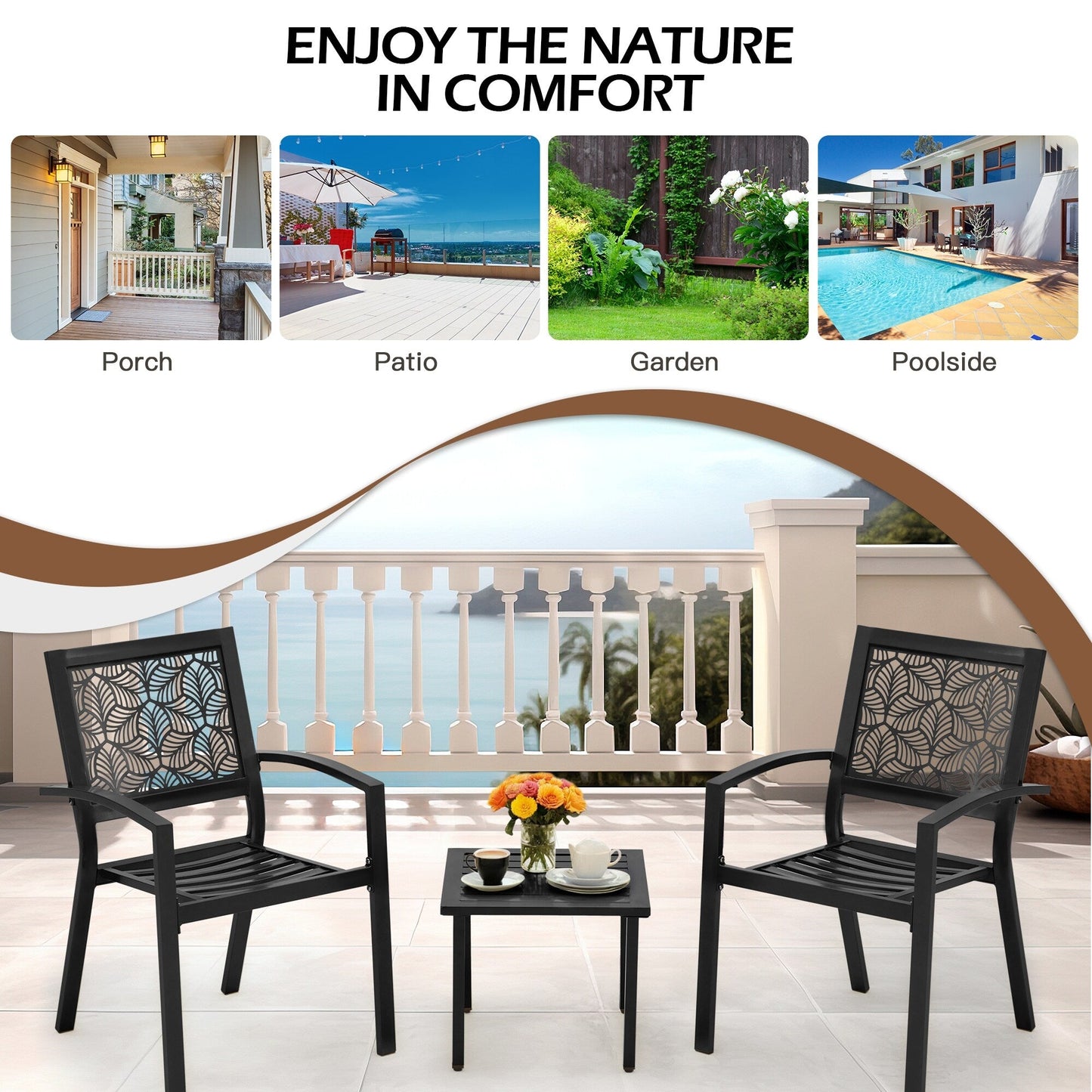 Outdoor Patio Set, Weatherproof Iron Bistro Table & Chairs, Floral Back Design, Space-Saving（Green/ Blue/ Yellow/ Black）