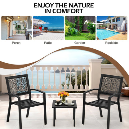 Outdoor Patio Set, Weatherproof Iron Bistro Table & Chairs, Floral Back Design, Space-Saving（Green/ Blue/ Yellow/ Black）