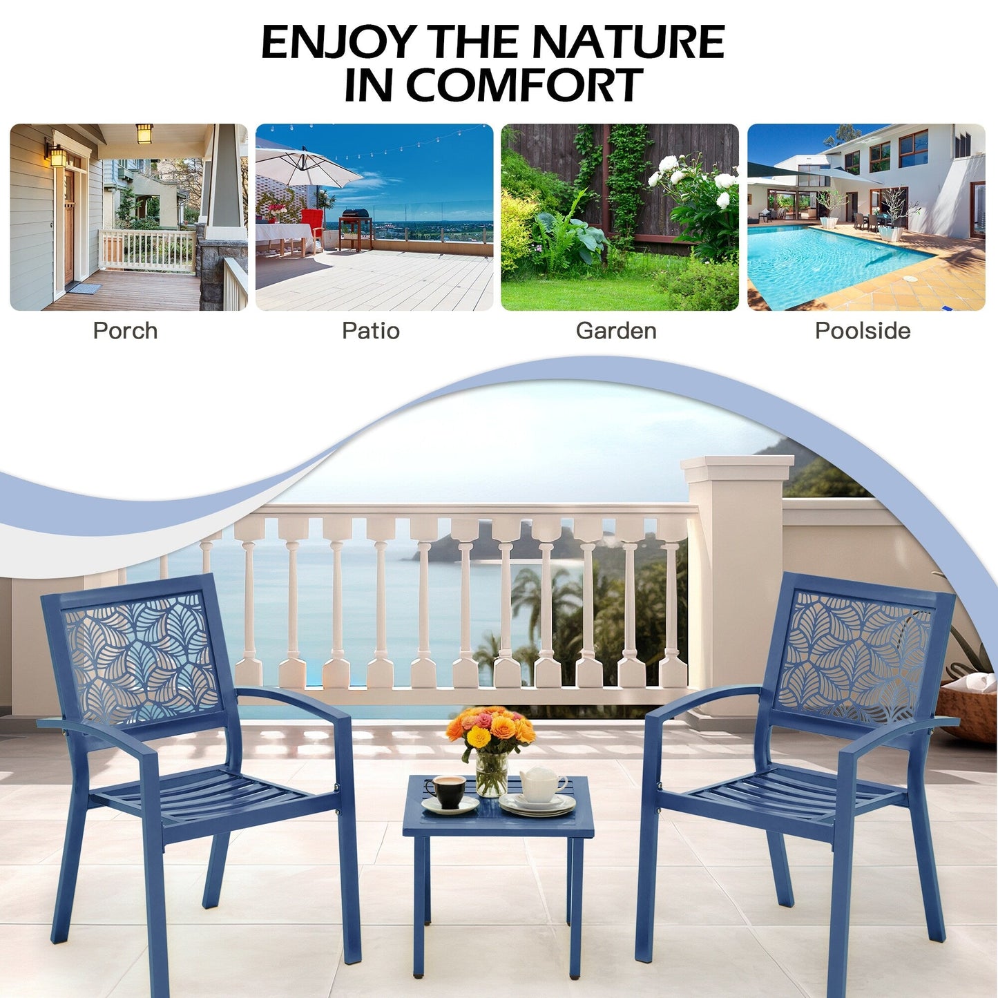 Outdoor Patio Set, Weatherproof Iron Bistro Table & Chairs, Floral Back Design, Space-Saving（Green/ Blue/ Yellow/ Black）
