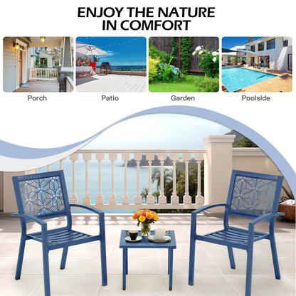 Outdoor Patio Set, Weatherproof Iron Bistro Table & Chairs, Floral Back Design, Space-Saving（Green/ Blue/ Yellow/ Black）