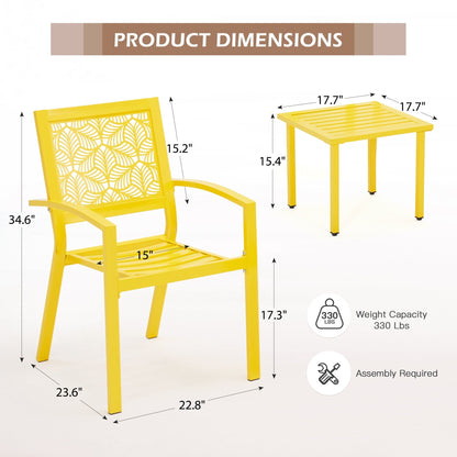 Outdoor Patio Set, Weatherproof Iron Bistro Table & Chairs, Floral Back Design, Space-Saving（Green/ Blue/ Yellow/ Black）