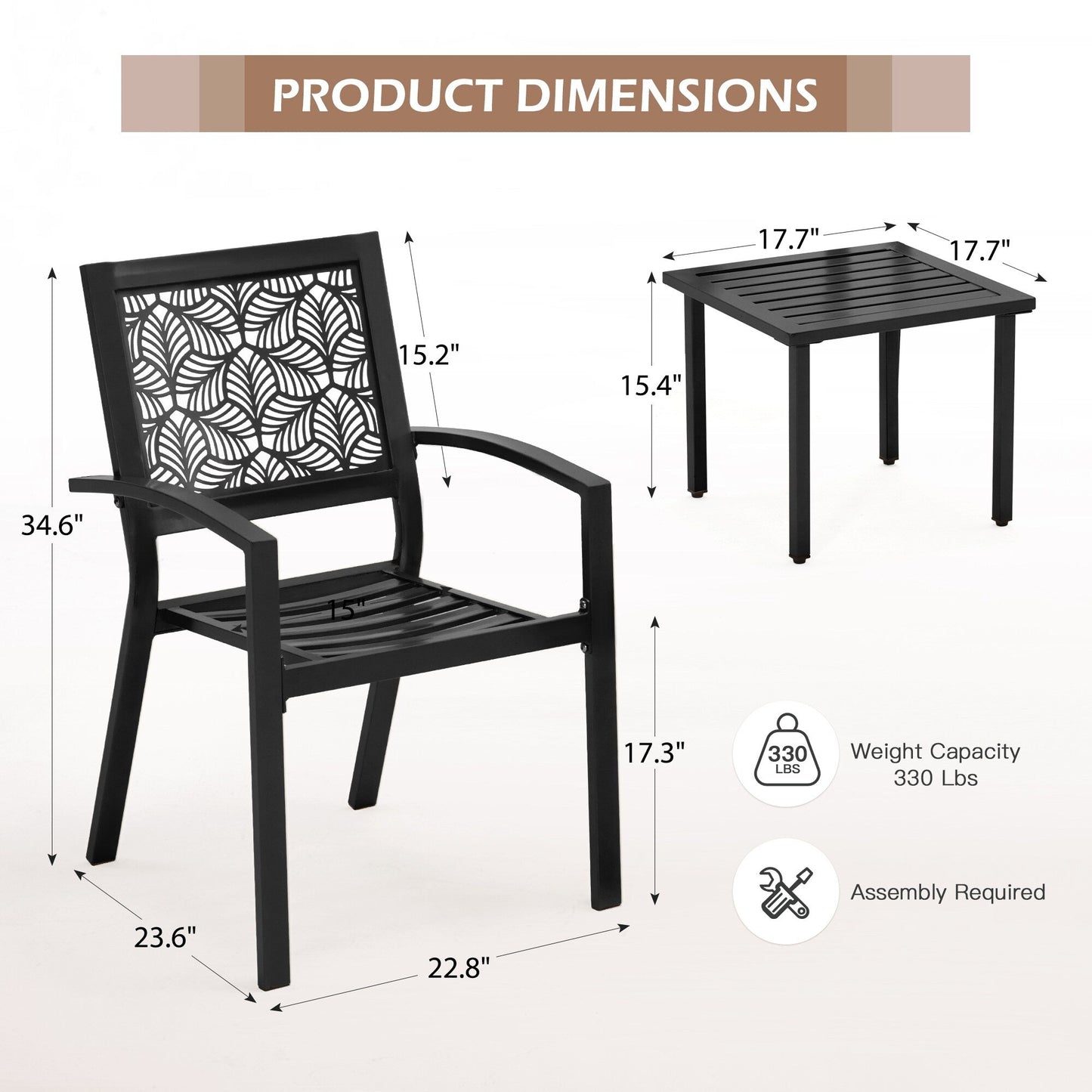 Outdoor Patio Set, Weatherproof Iron Bistro Table & Chairs, Floral Back Design, Space-Saving（Green/ Blue/ Yellow/ Black）