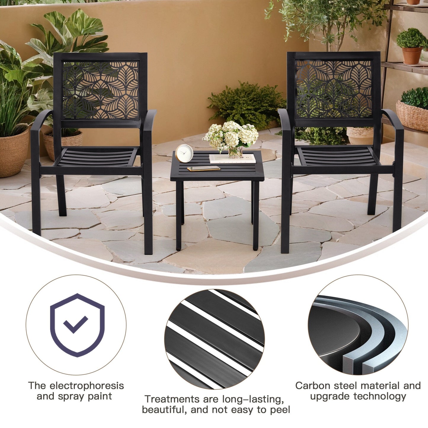 Outdoor Patio Set, Weatherproof Iron Bistro Table & Chairs, Floral Back Design, Space-Saving（Green/ Blue/ Yellow/ Black）