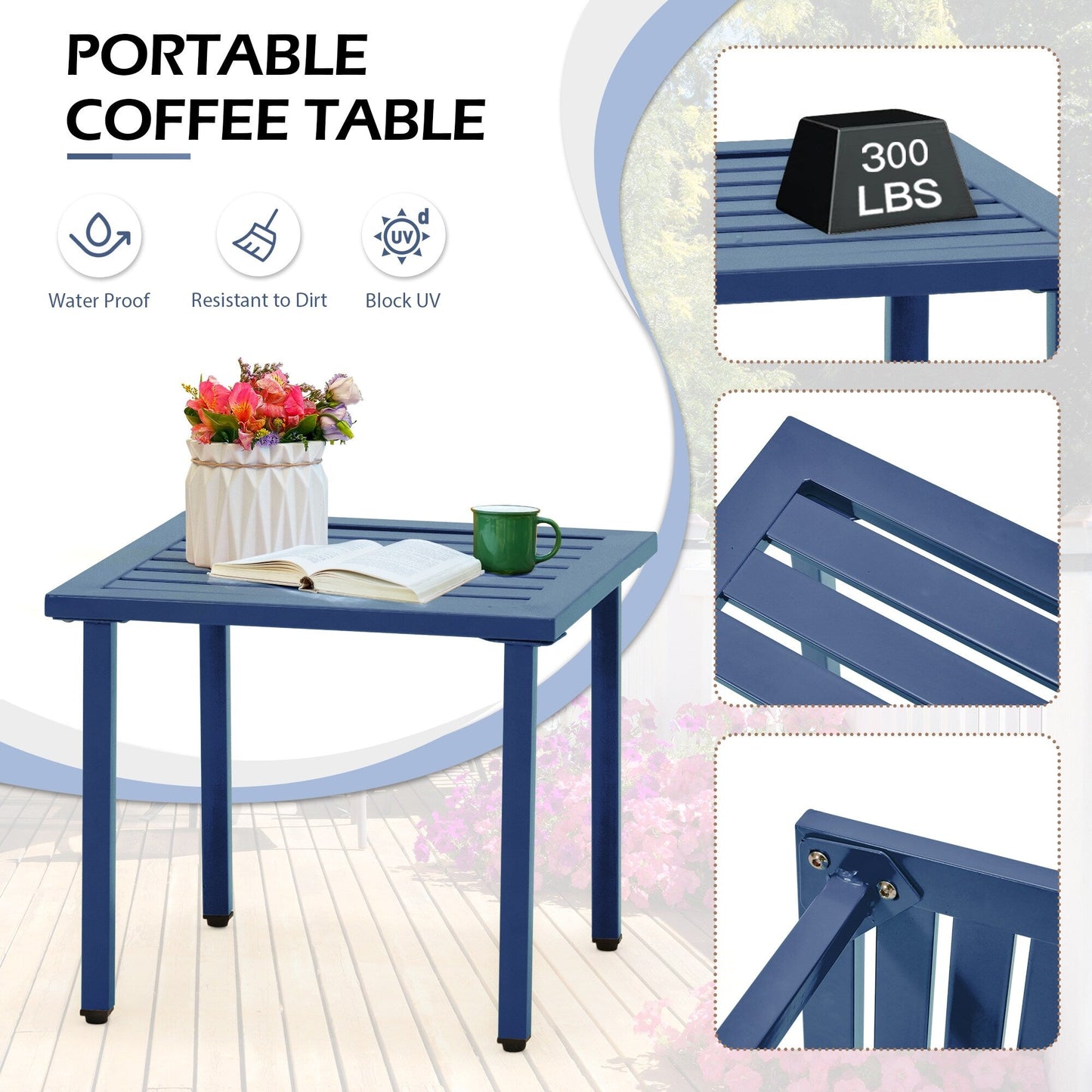 Outdoor Patio Set, Weatherproof Iron Bistro Table & Chairs, Floral Back Design, Space-Saving（Green/ Blue/ Yellow/ Black）