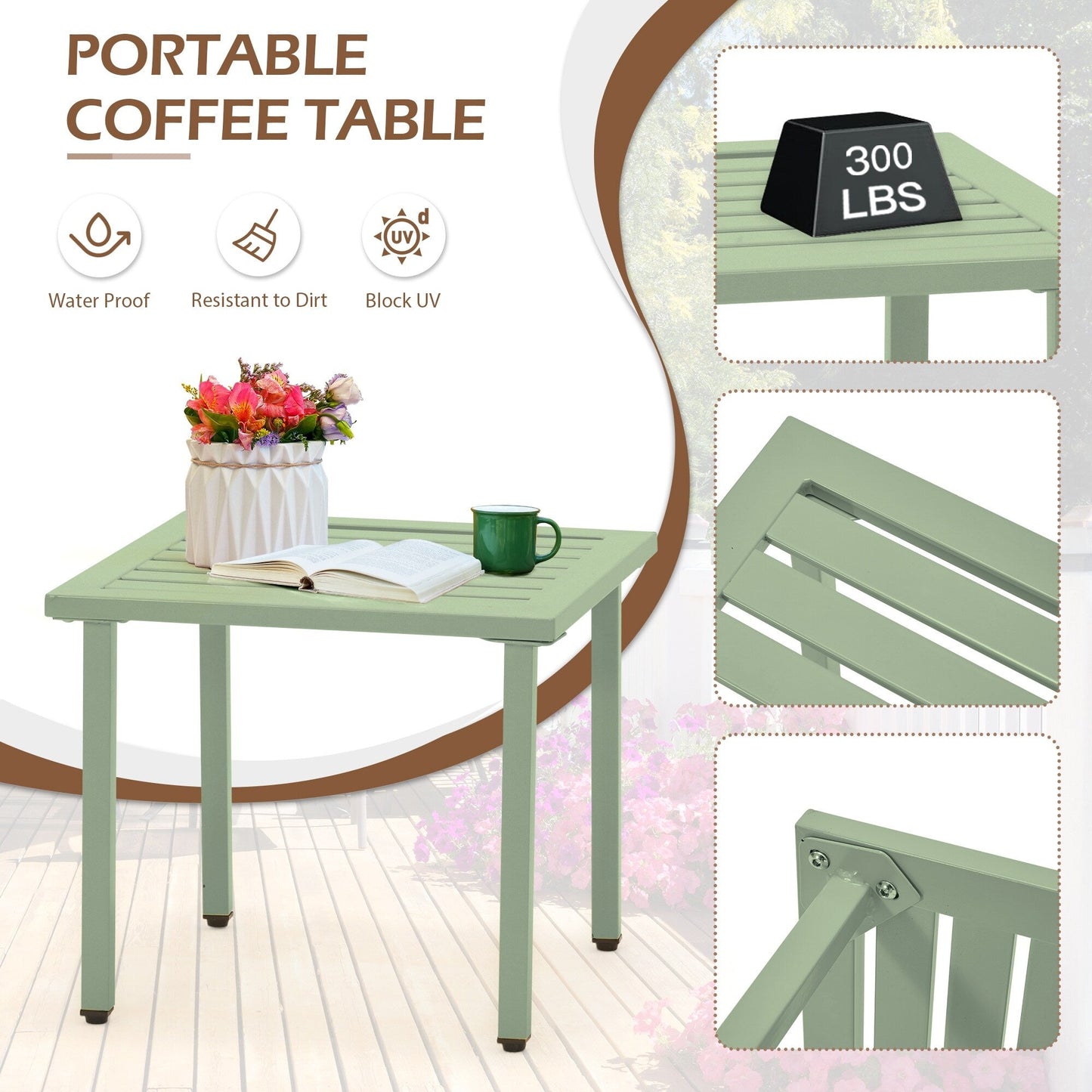 Outdoor Patio Set, Weatherproof Iron Bistro Table & Chairs, Floral Back Design, Space-Saving（Green/ Blue/ Yellow/ Black）