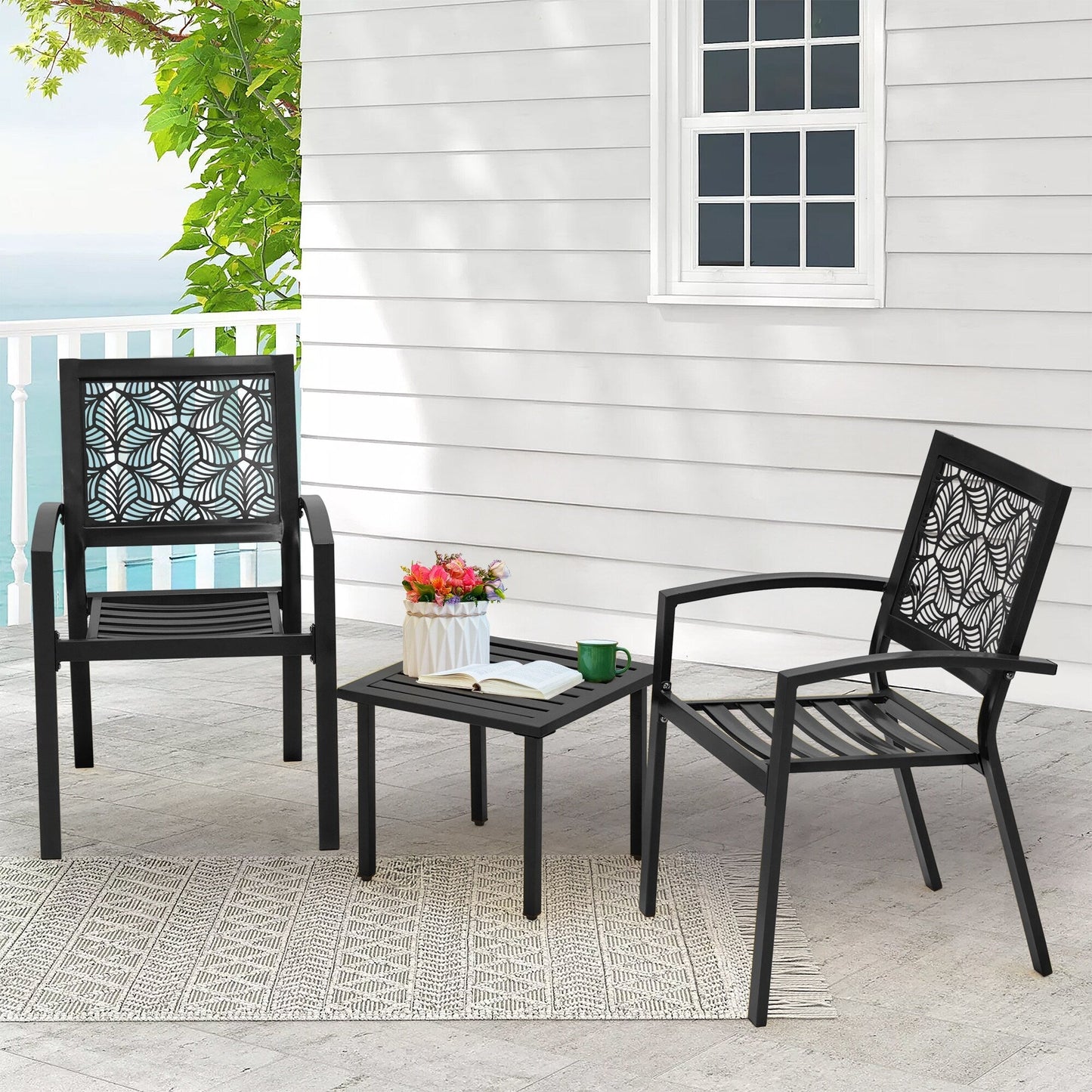 Outdoor Patio Set, Weatherproof Iron Bistro Table & Chairs, Floral Back Design, Space-Saving（Green/ Blue/ Yellow/ Black）