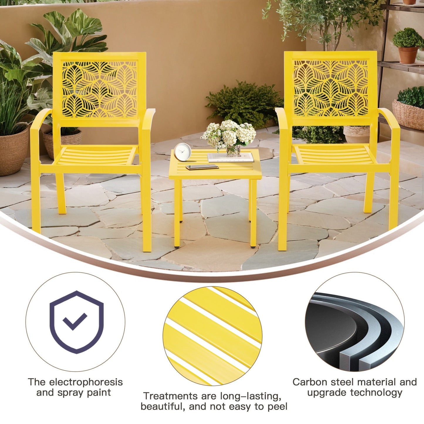 Outdoor Patio Set, Weatherproof Iron Bistro Table & Chairs, Floral Back Design, Space-Saving（Green/ Blue/ Yellow/ Black）