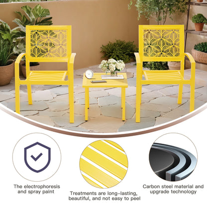 Outdoor Patio Set, Weatherproof Iron Bistro Table & Chairs, Floral Back Design, Space-Saving（Green/ Blue/ Yellow/ Black）