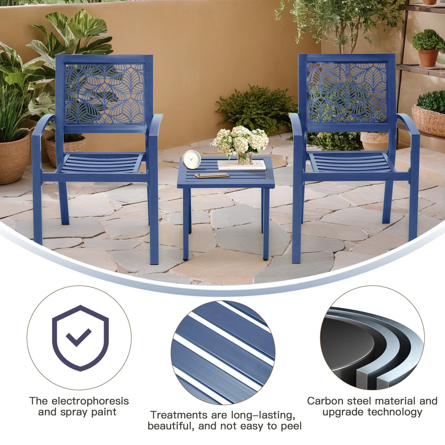 Outdoor Patio Set, Weatherproof Iron Bistro Table & Chairs, Floral Back Design, Space-Saving（Green/ Blue/ Yellow/ Black）