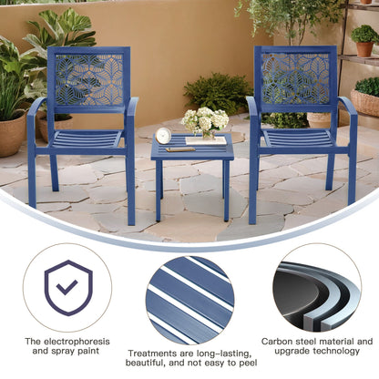 Outdoor Patio Set, Weatherproof Iron Bistro Table & Chairs, Floral Back Design, Space-Saving（Green/ Blue/ Yellow/ Black）