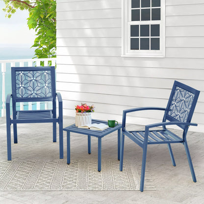Outdoor Patio Set, Weatherproof Iron Bistro Table & Chairs, Floral Back Design, Space-Saving（Green/ Blue/ Yellow/ Black）