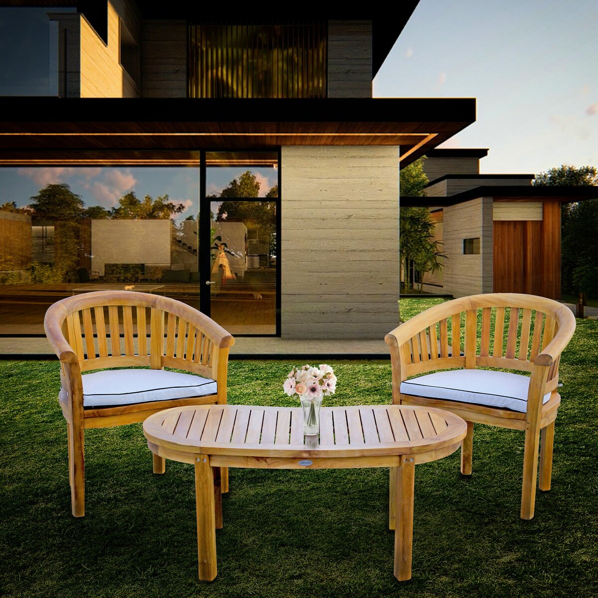 Chic Teak Peanut 3 Piece Teak Wood Patio Lounge Set, 2 Chairs & Coffee Table