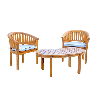 Chic Teak Peanut 3 Piece Teak Wood Patio Lounge Set, 2 Chairs & Coffee Table