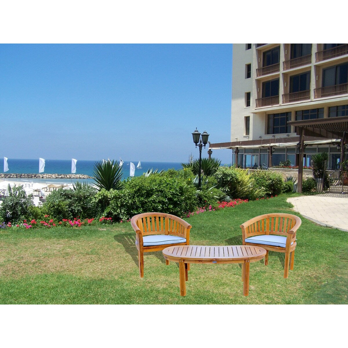 Chic Teak Peanut 3 Piece Teak Wood Patio Lounge Set, 2 Chairs & Coffee Table