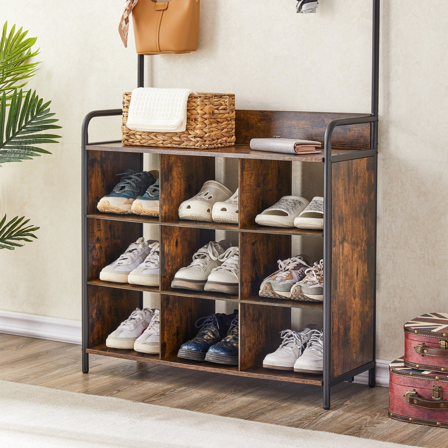 Coat Rack with Shoe Rack for Entryway, 3-in-1 with 7 Hooks, a Hanging Rod