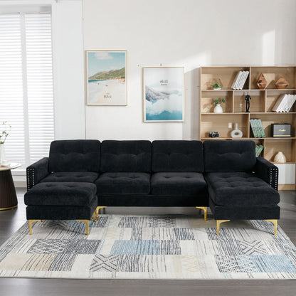 Convertible L-Shaped Velvet Sectional Sofa with Movable Ottoman and Gold Metal Legs for Living Room