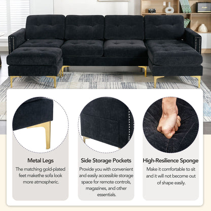 Convertible L-Shaped Velvet Sectional Sofa with Movable Ottoman and Gold Metal Legs for Living Room