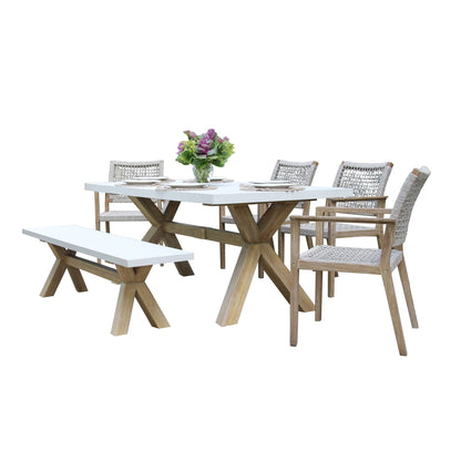 Cordelia 6-Piece Ivory Composite and Eucalyptus Wash Dining Set With Bench