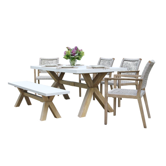 Cordelia 6-Piece Ivory Composite and Eucalyptus Wash Dining Set With Bench