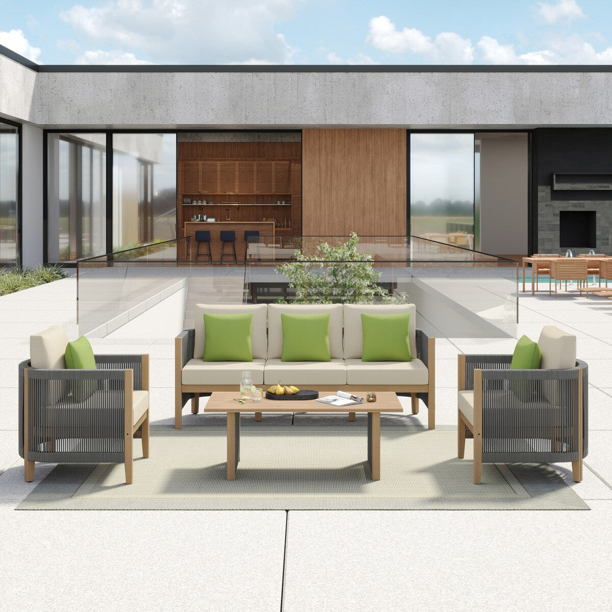 Corvus Iona 4-piece Patio Eucalyptus Wood and Rope Sofa Seating Set with Sunbrella Fabric