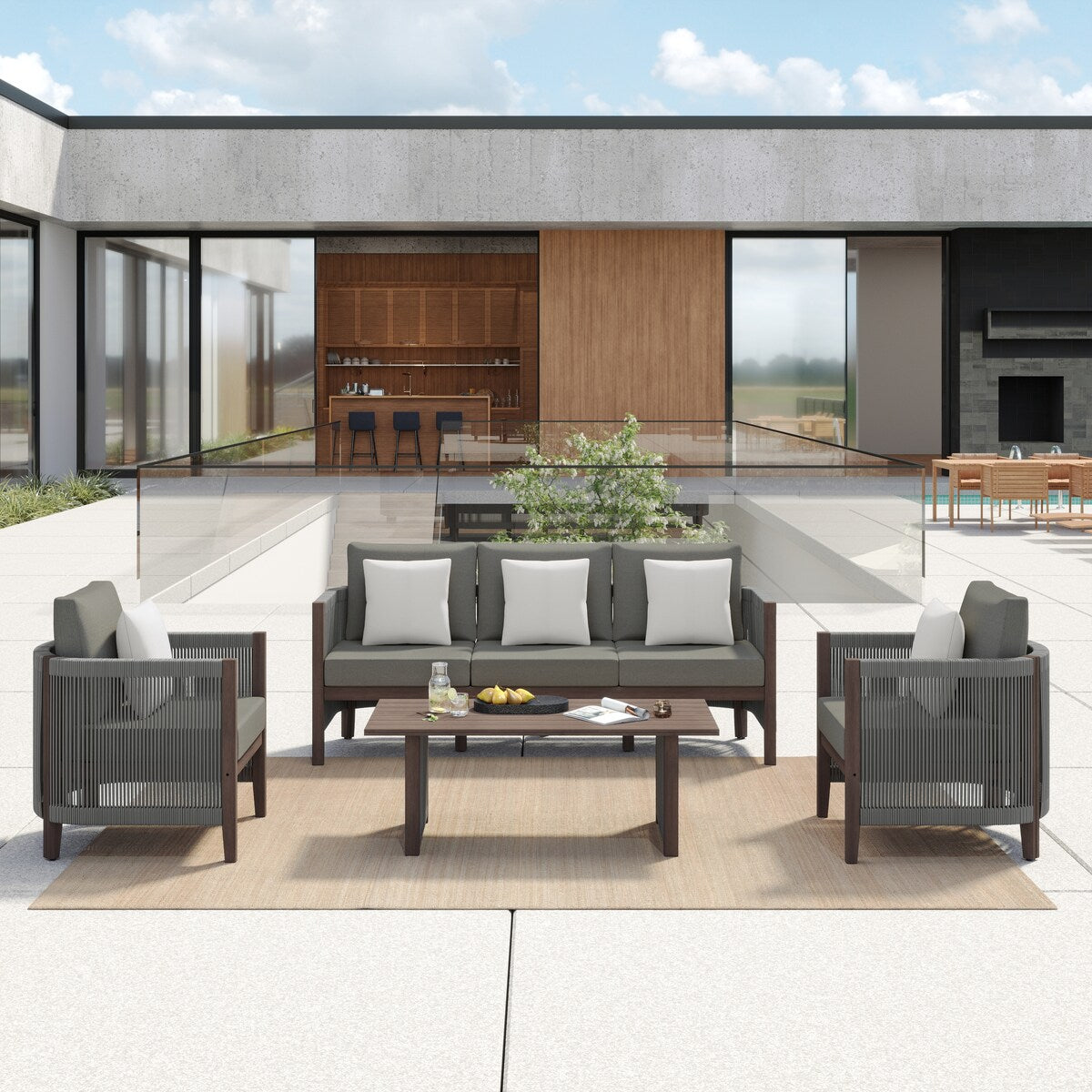 Corvus Iona 4-piece Patio Eucalyptus Wood and Rope Sofa Seating Set with Sunbrella Fabric