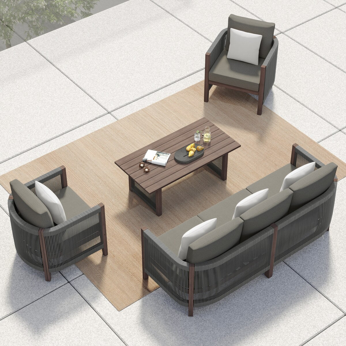 Corvus Iona 4-piece Patio Eucalyptus Wood and Rope Sofa Seating Set with Sunbrella Fabric