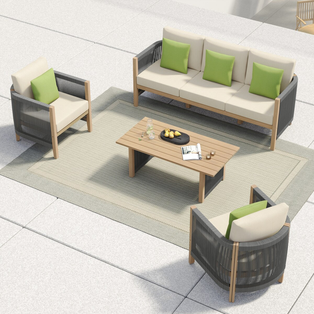 Corvus Iona 4-piece Patio Eucalyptus Wood and Rope Sofa Seating Set with Sunbrella Fabric