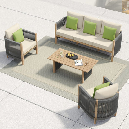 Corvus Iona 4-piece Patio Eucalyptus Wood and Rope Sofa Seating Set with Sunbrella Fabric