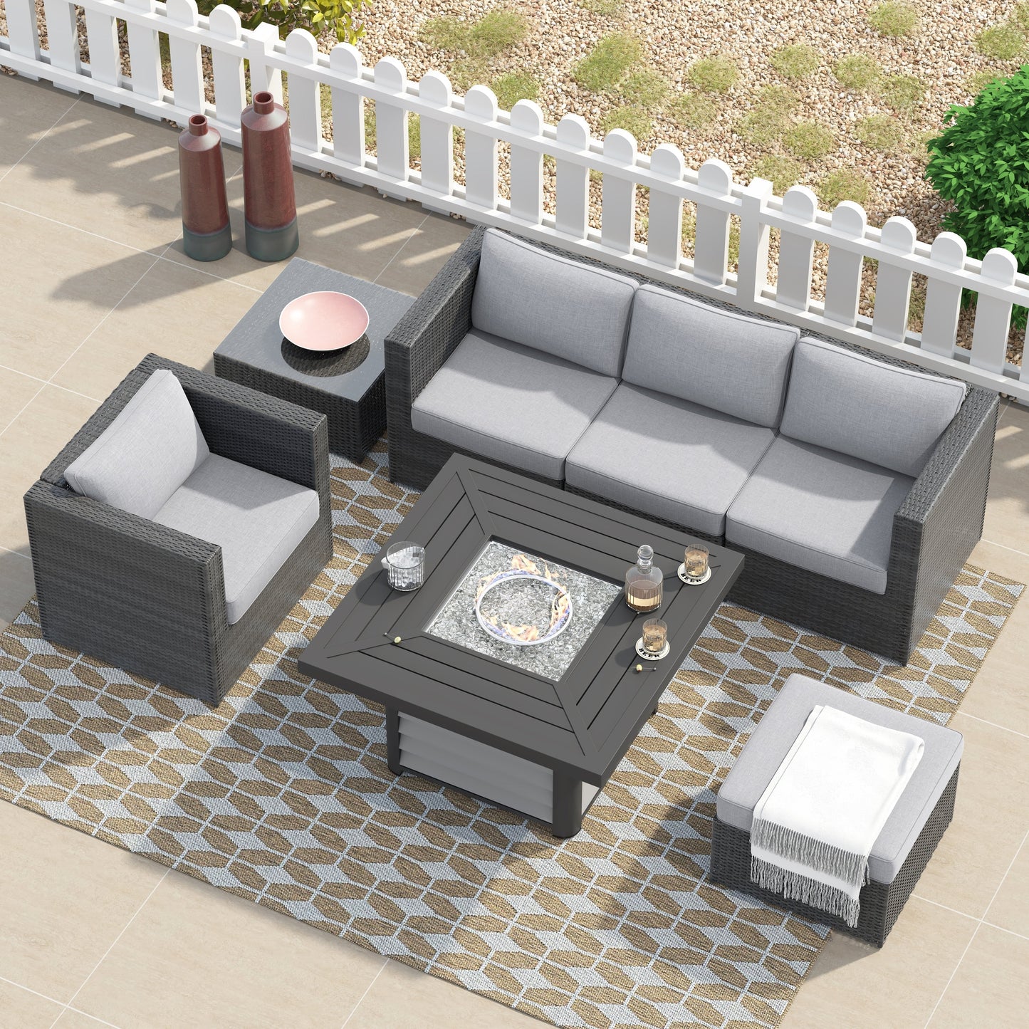 Corvus Kipling 7-piece Resin Wicker Patio Sectional Conversation Fire Pit Set