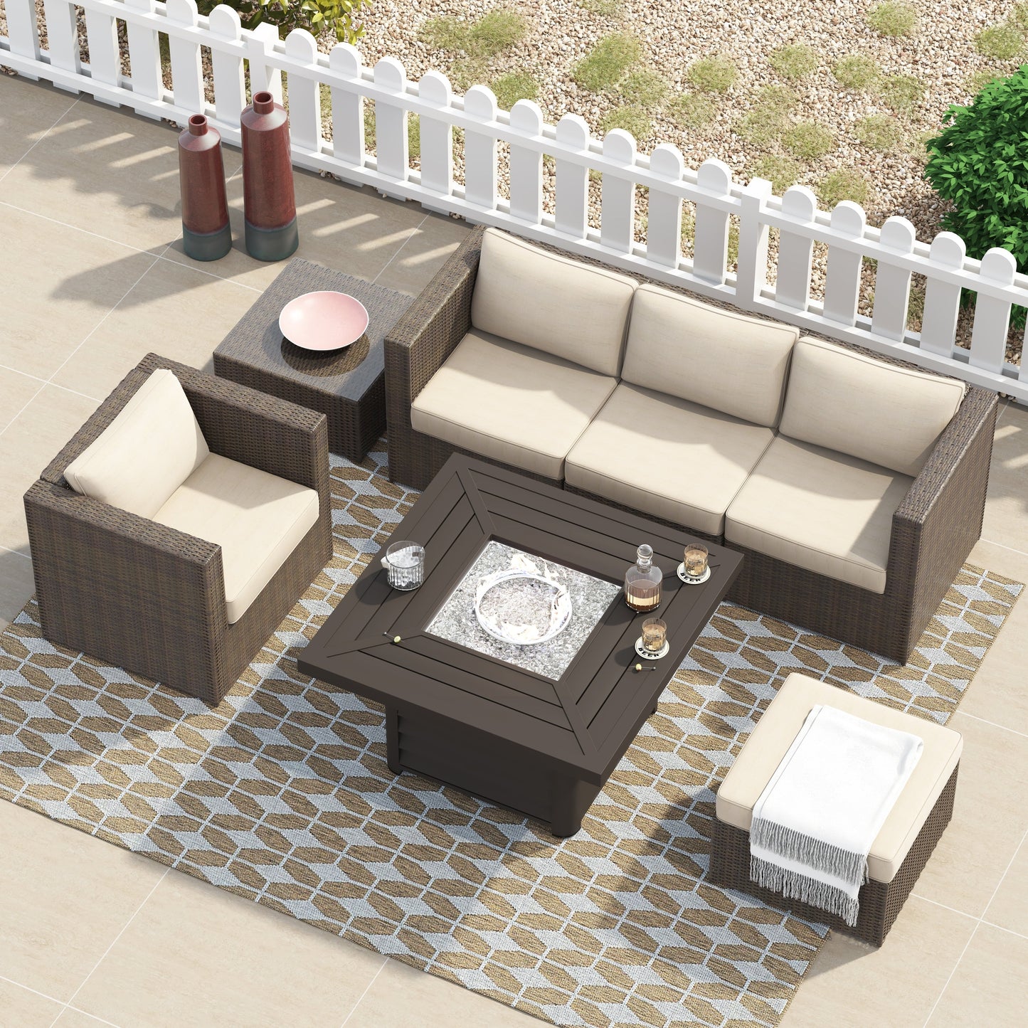 Corvus Kipling 7-piece Resin Wicker Patio Sectional Conversation Fire Pit Set