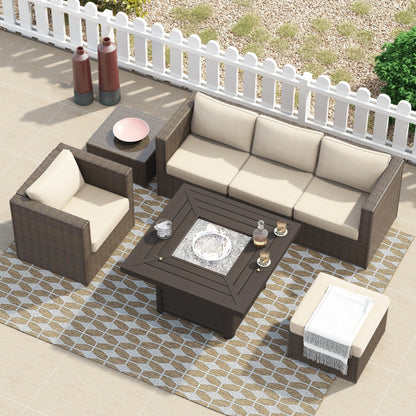 Corvus Kipling 7-piece Resin Wicker Patio Sectional Conversation Fire Pit Set