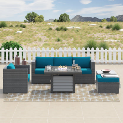 Corvus Kipling 7-piece Resin Wicker Patio Sectional Conversation Fire Pit Set