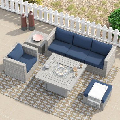 Corvus Kipling 7-piece Resin Wicker Patio Sectional Conversation Fire Pit Set