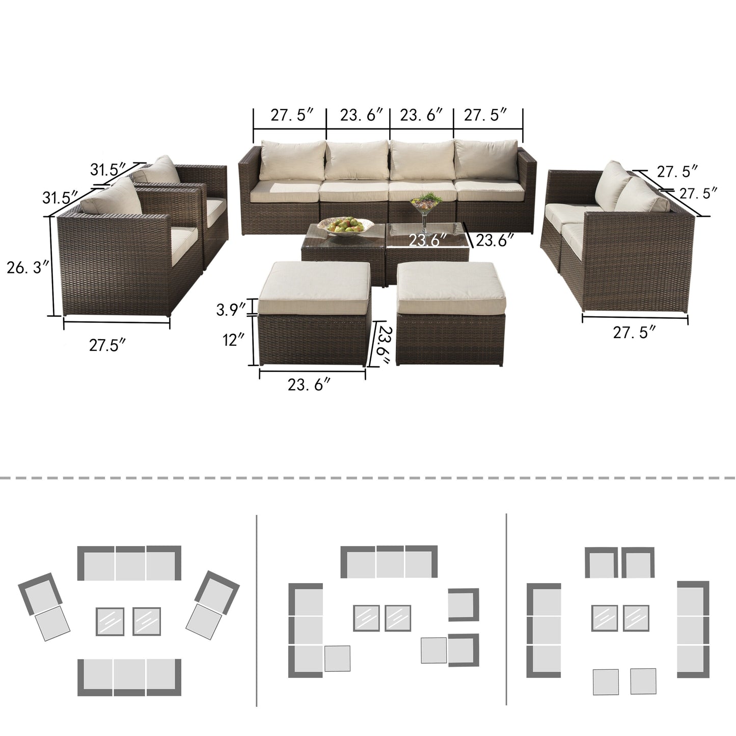 Corvus Trey 12-piece Brown Wicker Patio Furniture Sectional Conversation Set