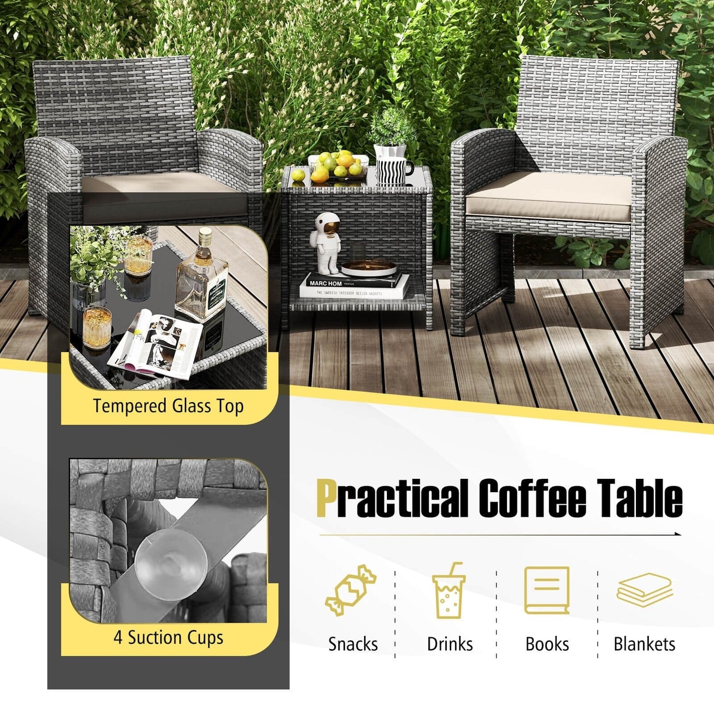 Costway 3 PCS Patio Furniture Set with Tempered Glass Coffee Table & - See Details