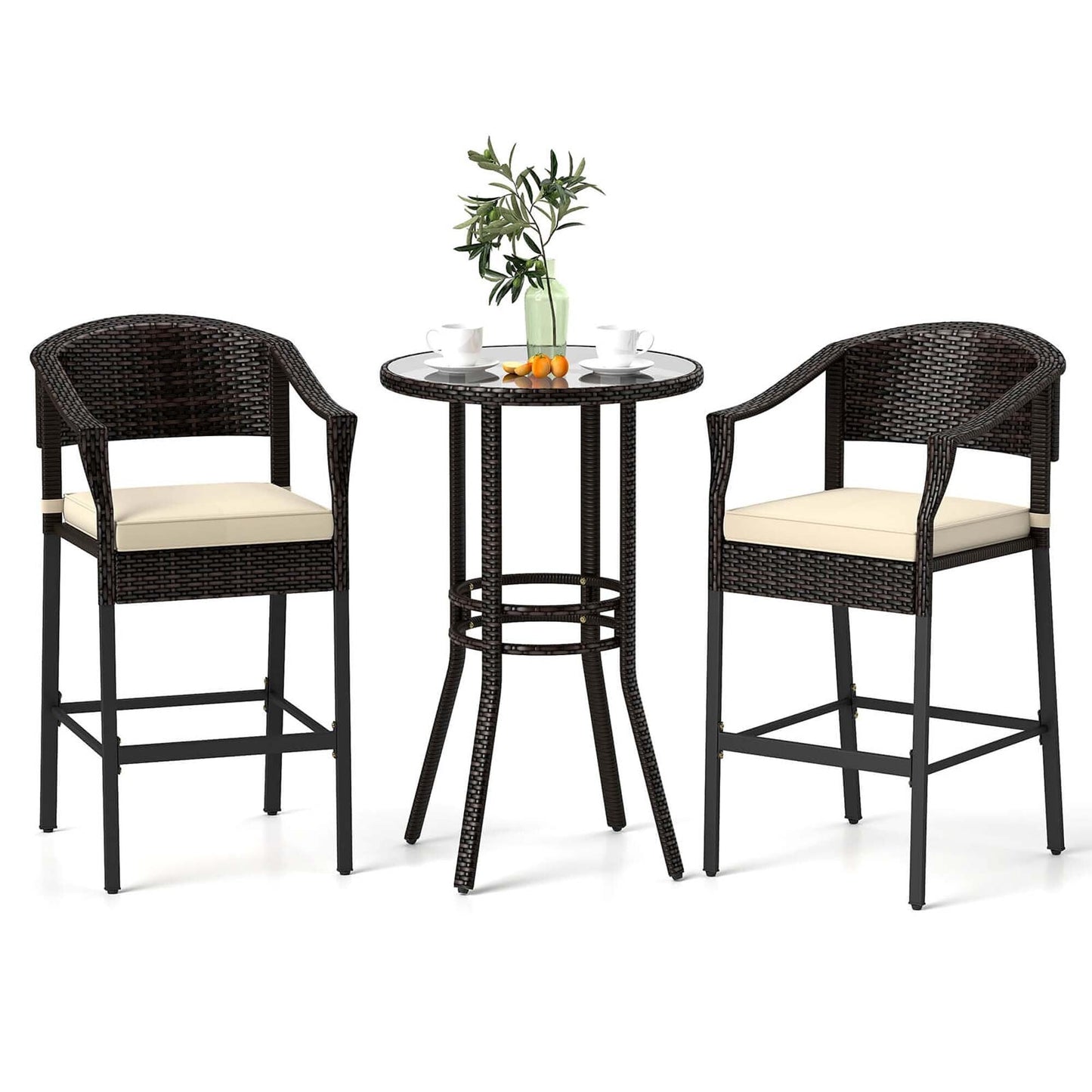 Costway 3 PCS Patio Rattan Bar Set Wicker Armchairs & Round Table with - See Details