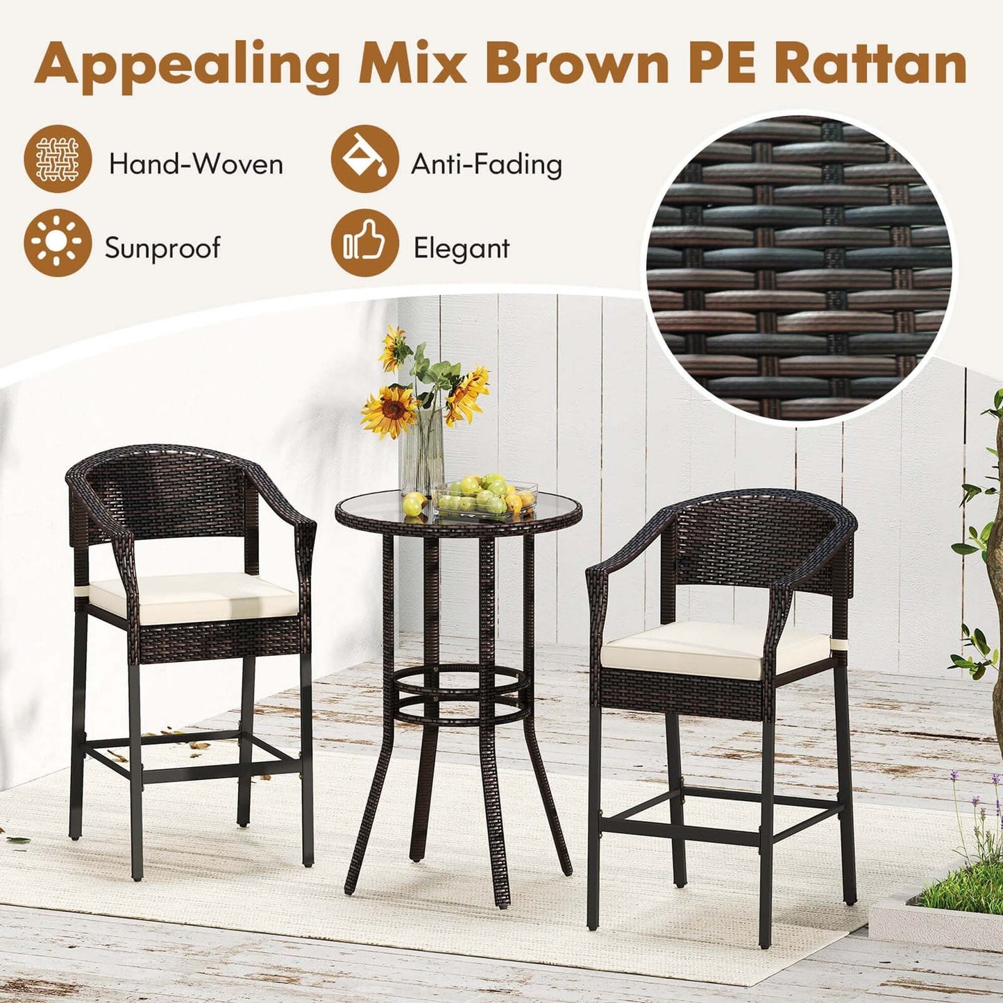Costway 3 PCS Patio Rattan Bar Set Wicker Armchairs & Round Table with - See Details