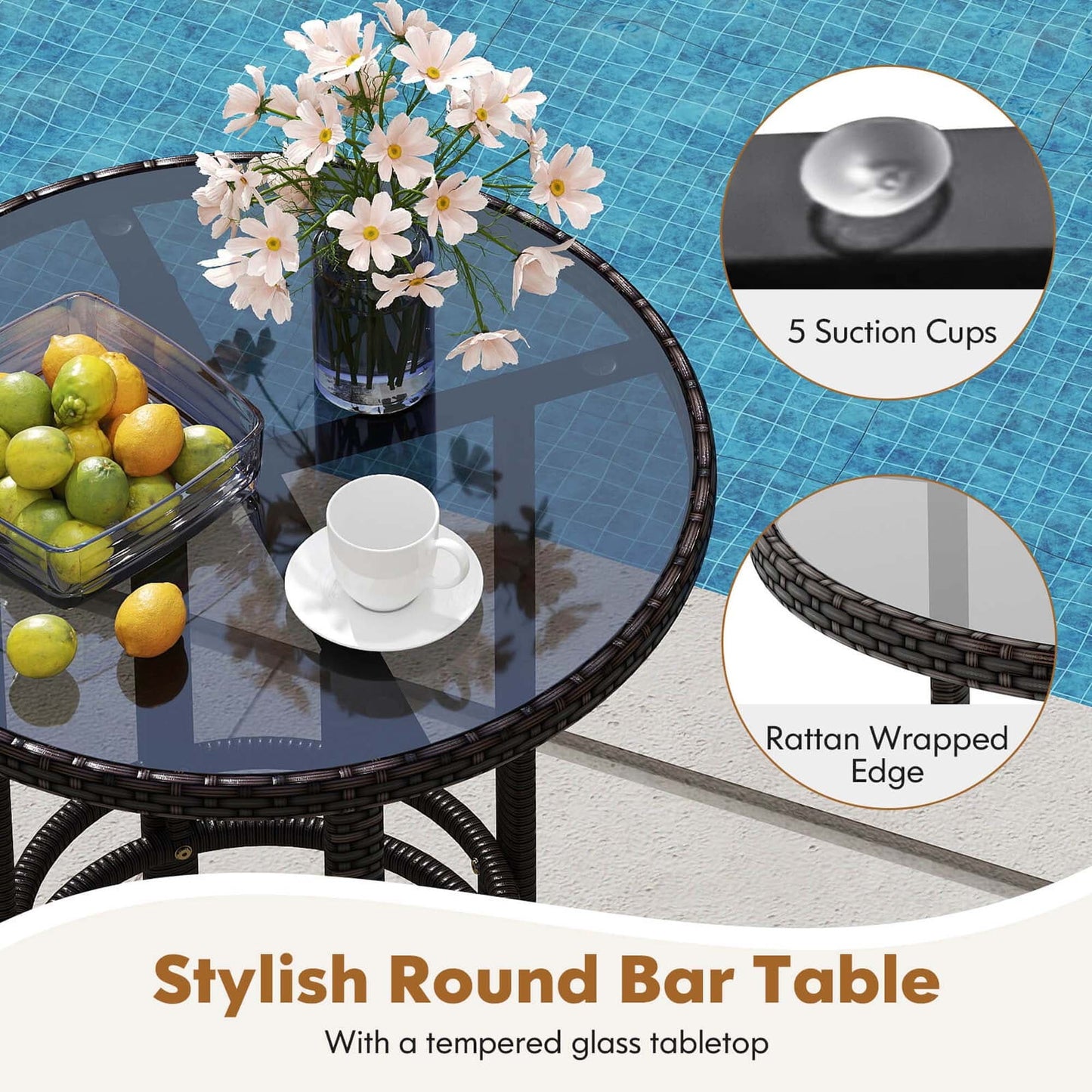 Costway 3 PCS Patio Rattan Bar Set Wicker Armchairs & Round Table with - See Details