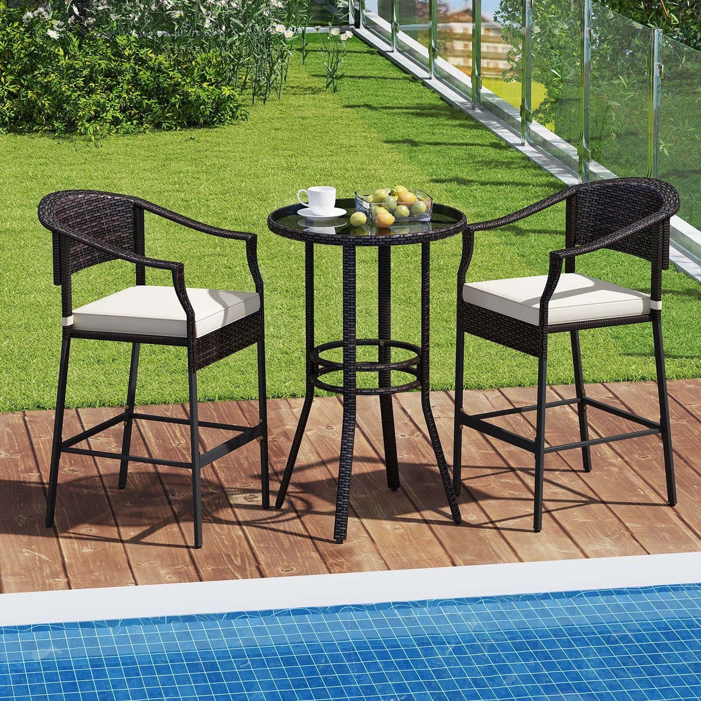 Costway 3 PCS Patio Rattan Bar Set Wicker Armchairs & Round Table with - See Details