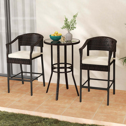 Costway 3 PCS Patio Rattan Bar Set Wicker Armchairs & Round Table with - See Details